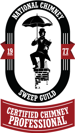 Man in suit, wearing a top hat and holding an umbrella sitting on top of a brick chimney. NCSG national chimney sweep guild spelled out next to it.